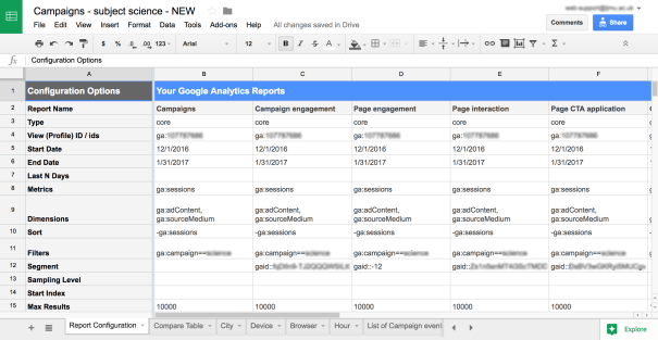 Google sheets report configuration
